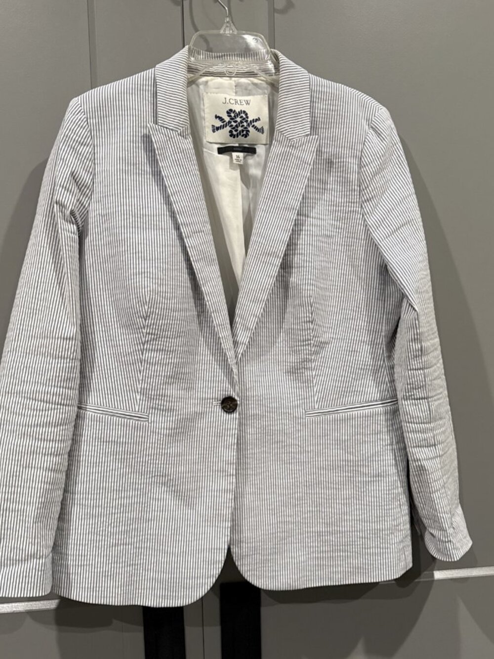 J Crew Parke Blazer In Seersucker Stripe Blue White Classic Size 16 Womens